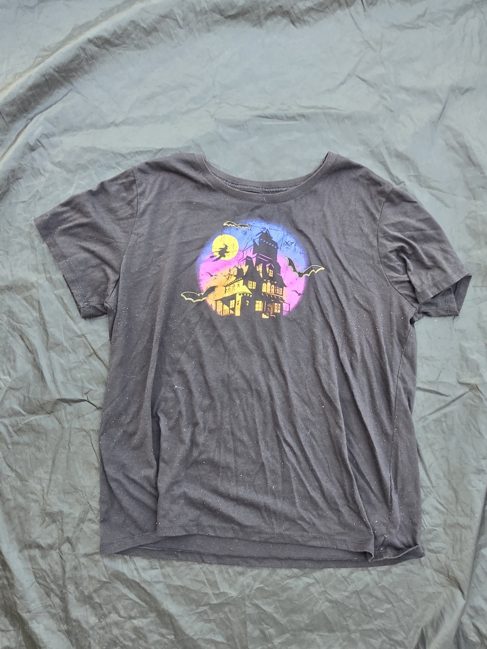 Fruit of the Loom Black Graphic Tee with Yellow Pink Blue Print